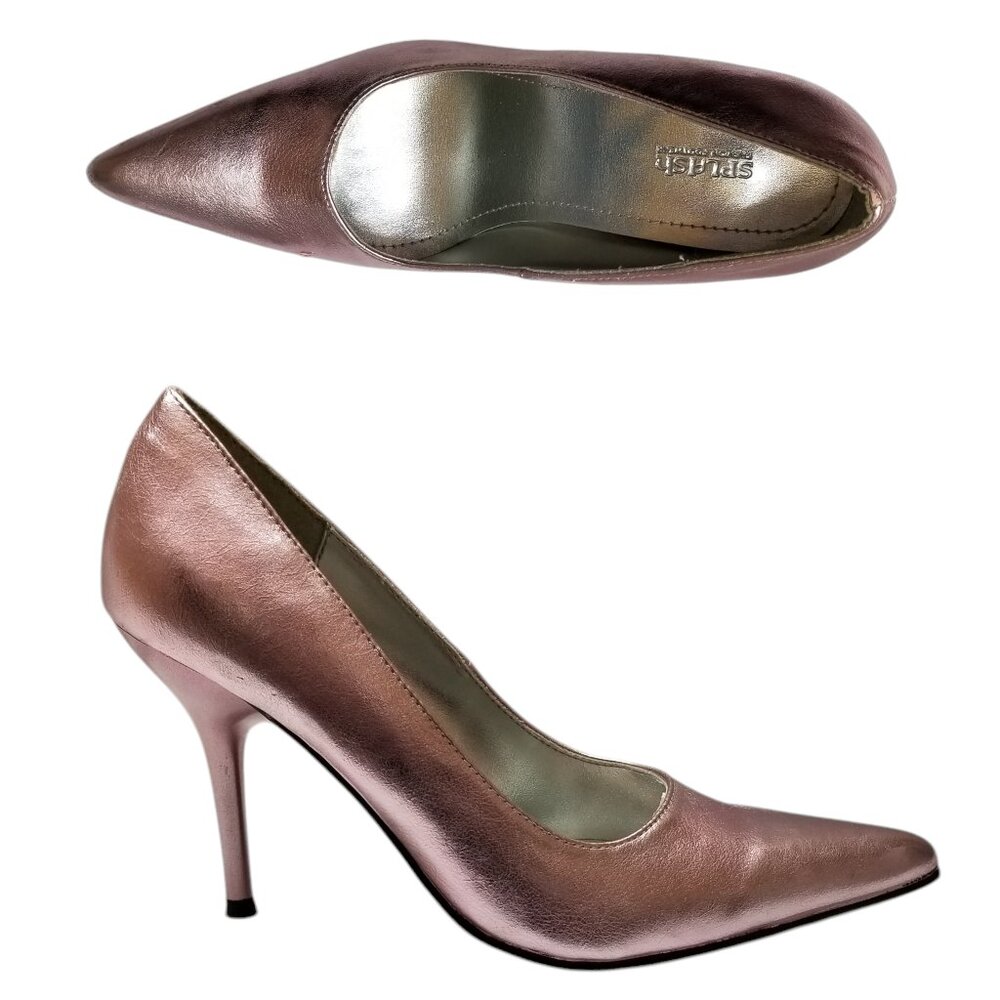 SPLASH Metallic Faux Leather Pointed Toe Pumps 4" Stiletto Heels Sz 8 Pink VTG
